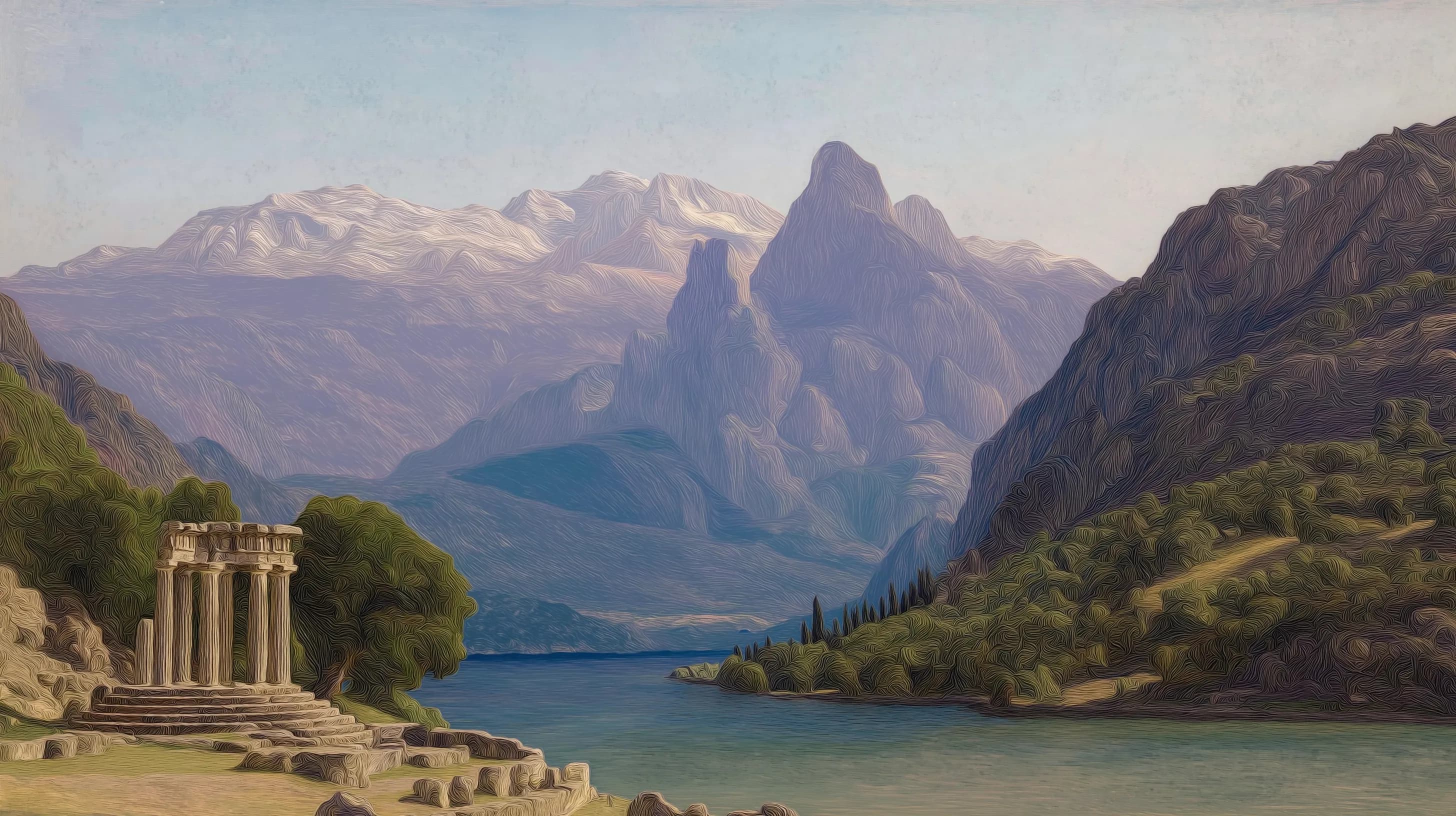 Ancient Greek temple on a cliff overlooking misty landscape